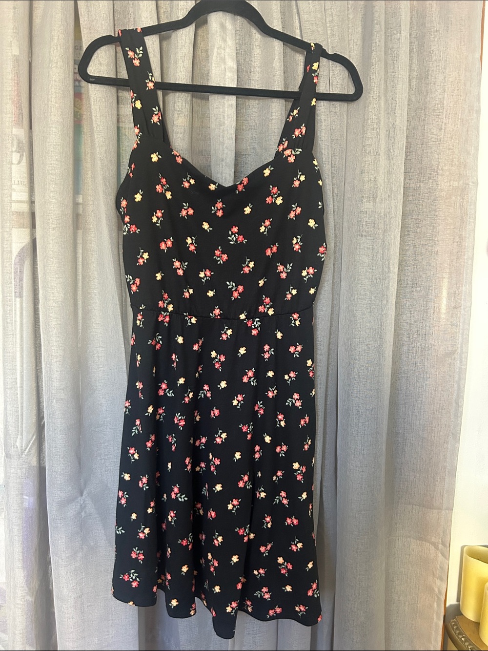 French Grey Black Mini Dress with Pink & Yellow Floral Pattern